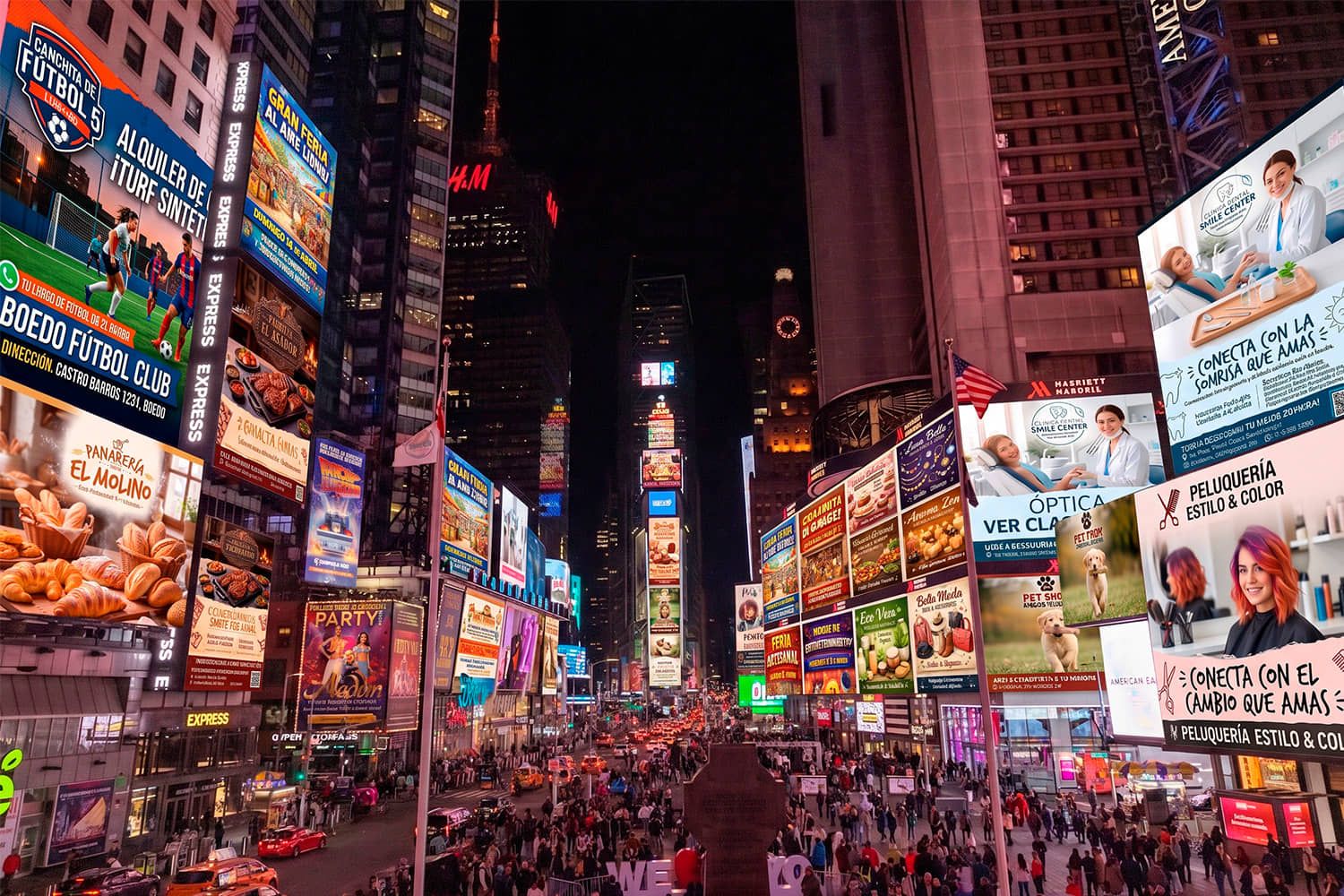 Los mismos flyers genéricos ocupando las pantallas de Times Square de noche, indistinguibles entre sí en medio del ruido