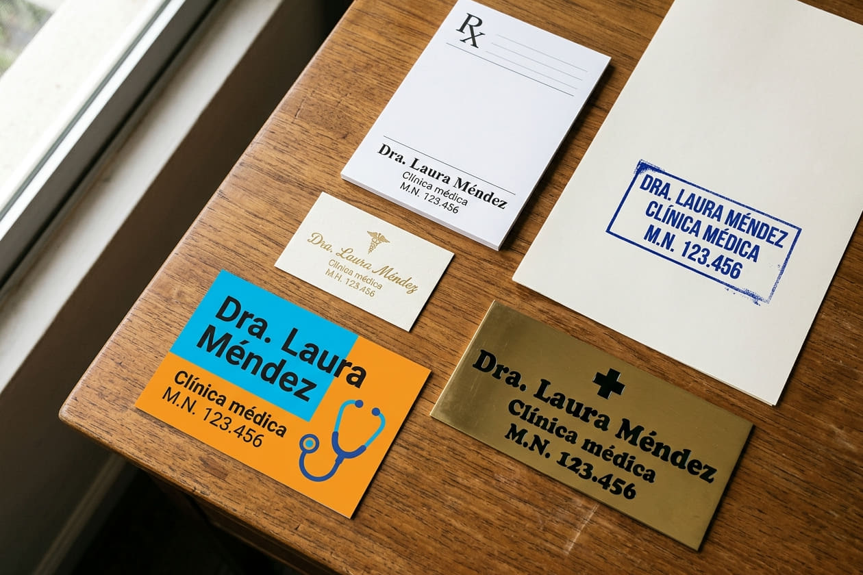 Tarjeta, recetario, sello, chapa y folleto de la misma médica, con el mismo nombre y la misma matrícula, pero cada pieza con una tipografía, un color y un armado distintos