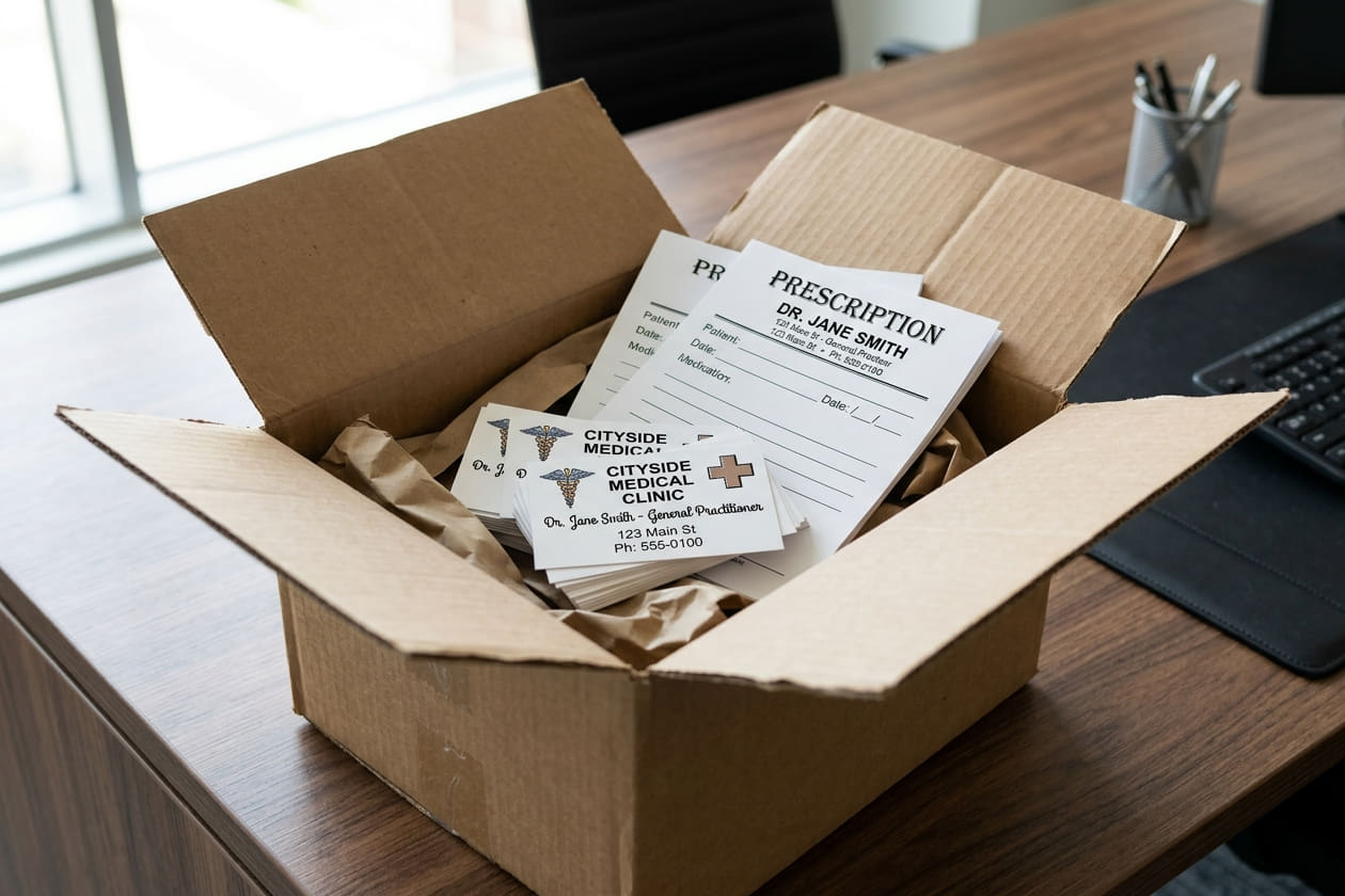 Una caja de la imprenta recién abierta sobre el escritorio, con las tarjetas personales y los recetarios de una médica armados con una plantilla genérica