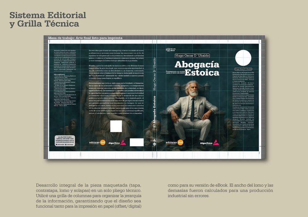 Páginas interiores del libro Abogacía Estoica mostrando el sistema editorial y su grilla técnica