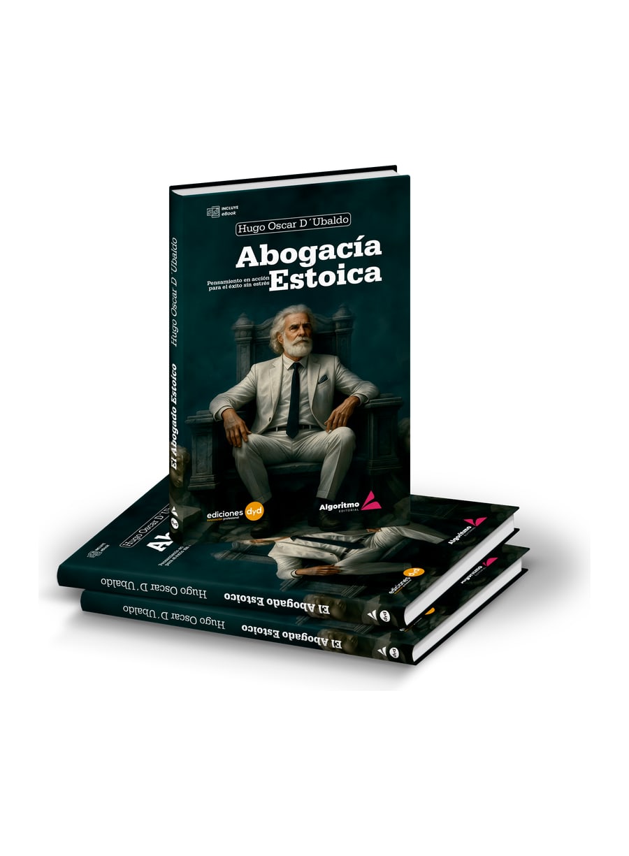 Libro Abogacía Estoica: tapa y ejemplares apilados