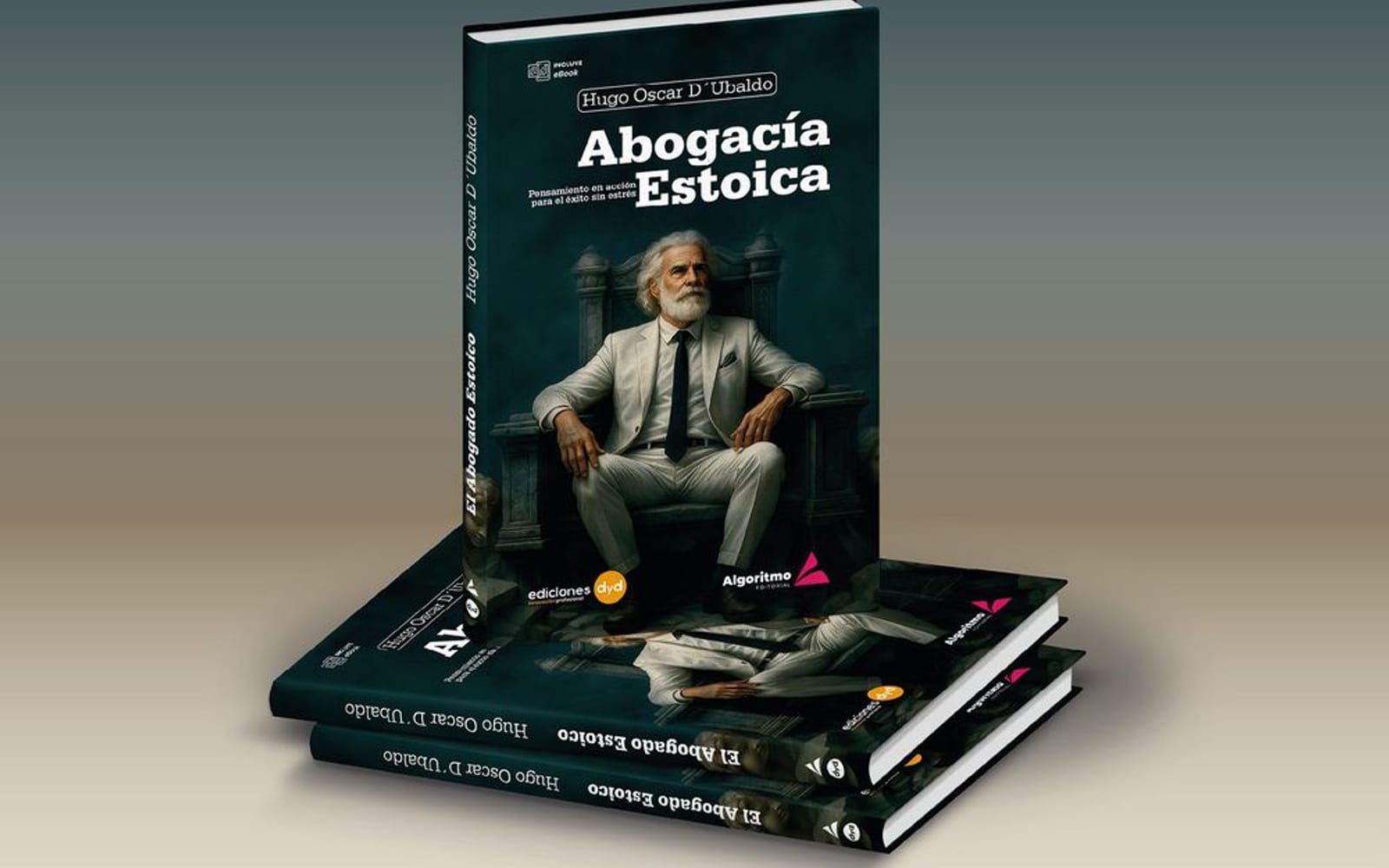 El libro Abogacía Estoica, en pie sobre una pila de ejemplares