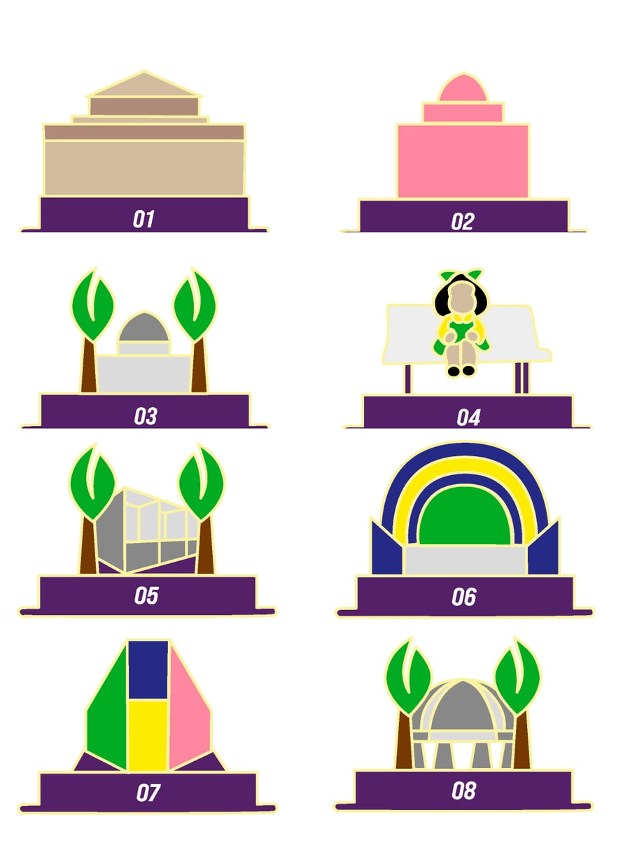 Los ocho pictogramas de BA Bus City Tour: Teatro Colon, Av. de Mayo, Plaza del Congreso, Paseo de la Historieta, Plaza Dorrego, La Bombonera, Caminito y Parque Lezama