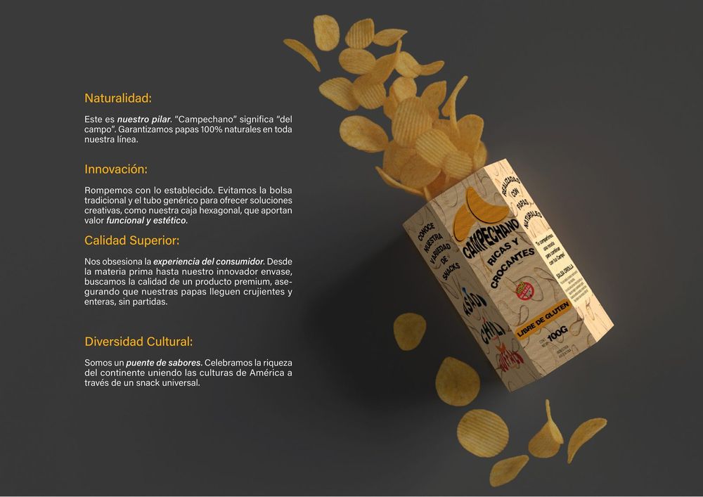 Caja hexagonal de Campechano con la marca y la ilustración aplicadas, rodeada de papas fritas