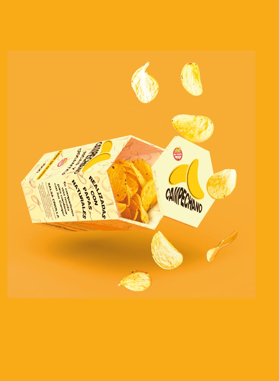 Packaging de Campechano abierto, con las papas saliendo de la caja hexagonal
