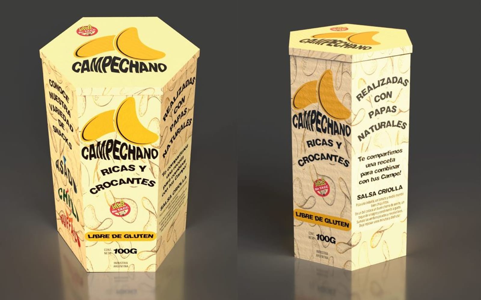 Las dos cajas de packaging de Campechano: la hexagonal y la alta, sobre fondo amarillo