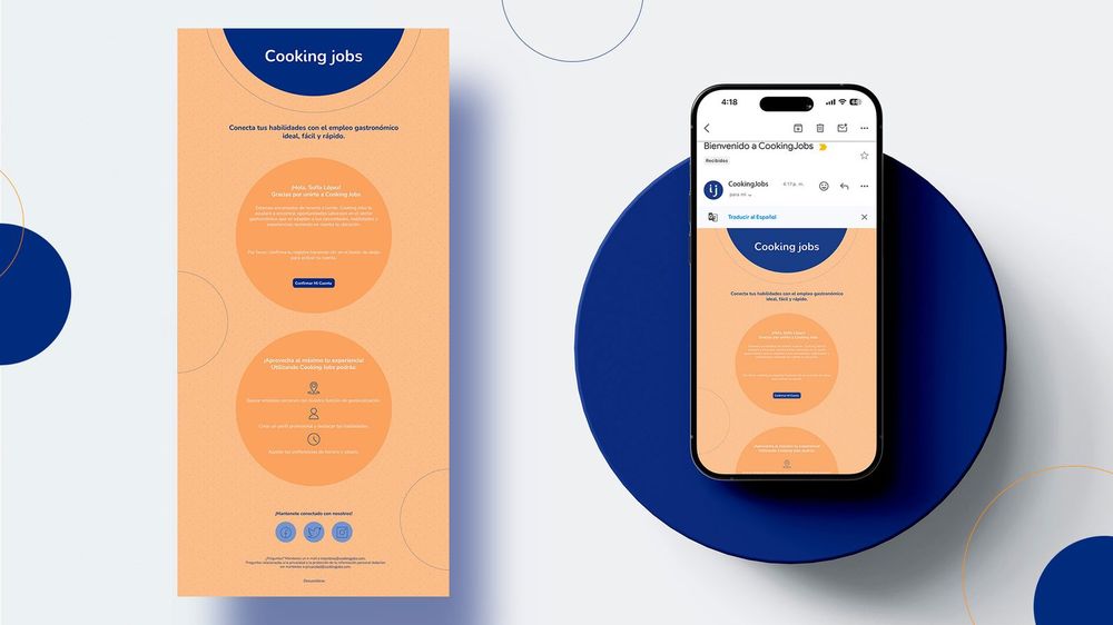 Pantallas de la app Cooking Jobs en contexto, sobre dispositivos móviles