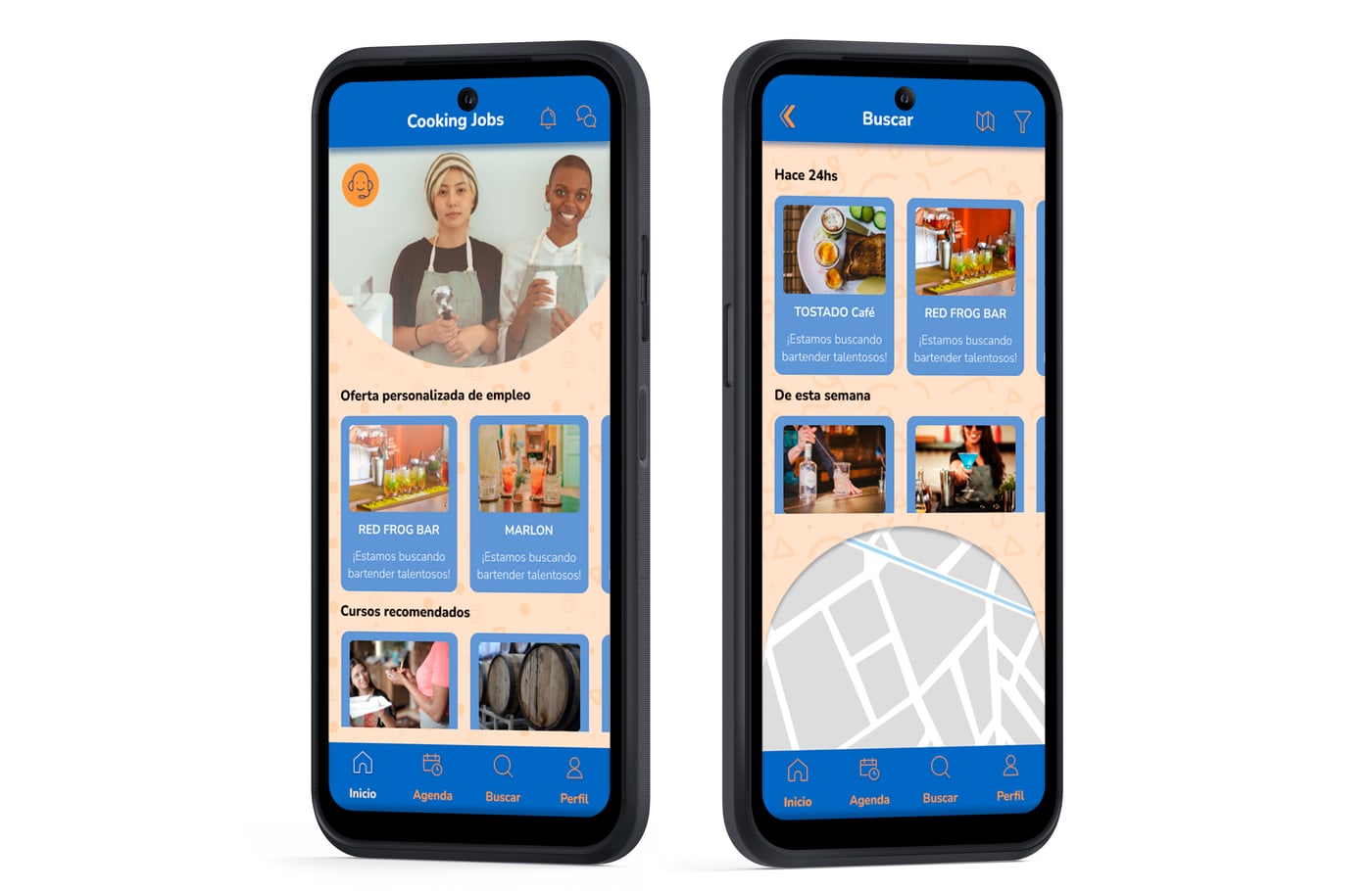 Pantallas de inicio y busqueda de la app Cooking Jobs en dos telefonos