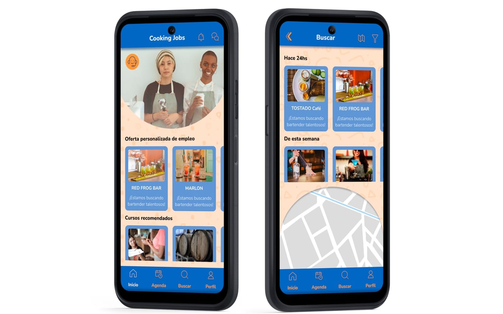 Pantallas de inicio y búsqueda de la app Cooking Jobs en dos teléfonos