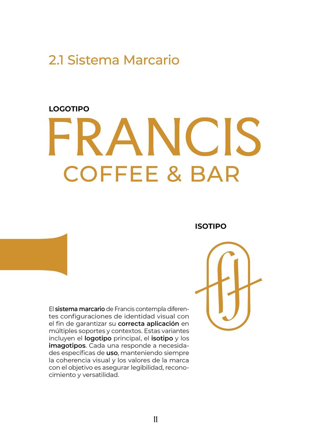 Página del manual de Francis Coffee & Bar con el sistema marcario: logotipo e isotipo