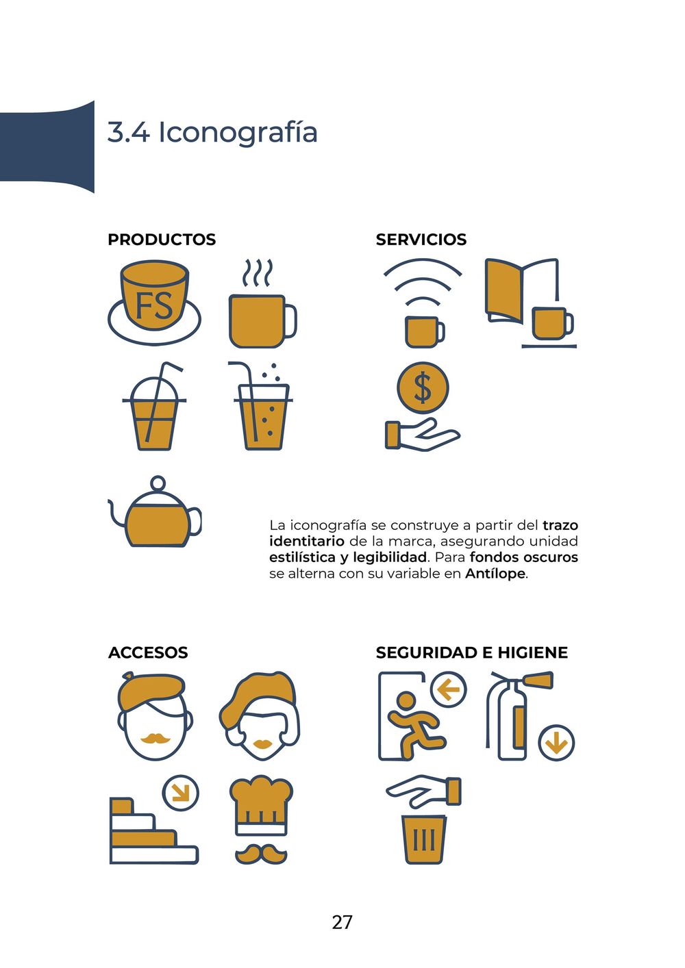 Página del manual de Francis Coffee & Bar con la iconografía propia del sistema