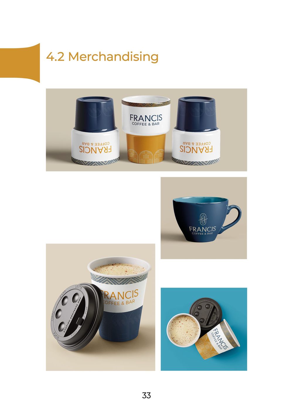 Merchandising de Francis Coffee & Bar: tazas y vasos con la marca