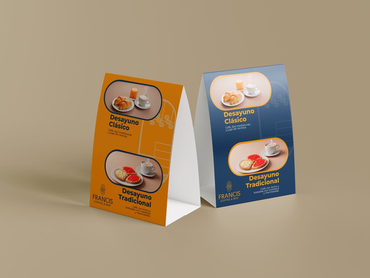 Carteles de mesa de Francis con las promociones de desayuno, en dorado y en azul