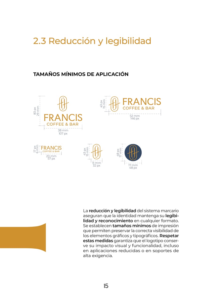 Página del manual con los tamaños mínimos de aplicación de cada versión de la marca