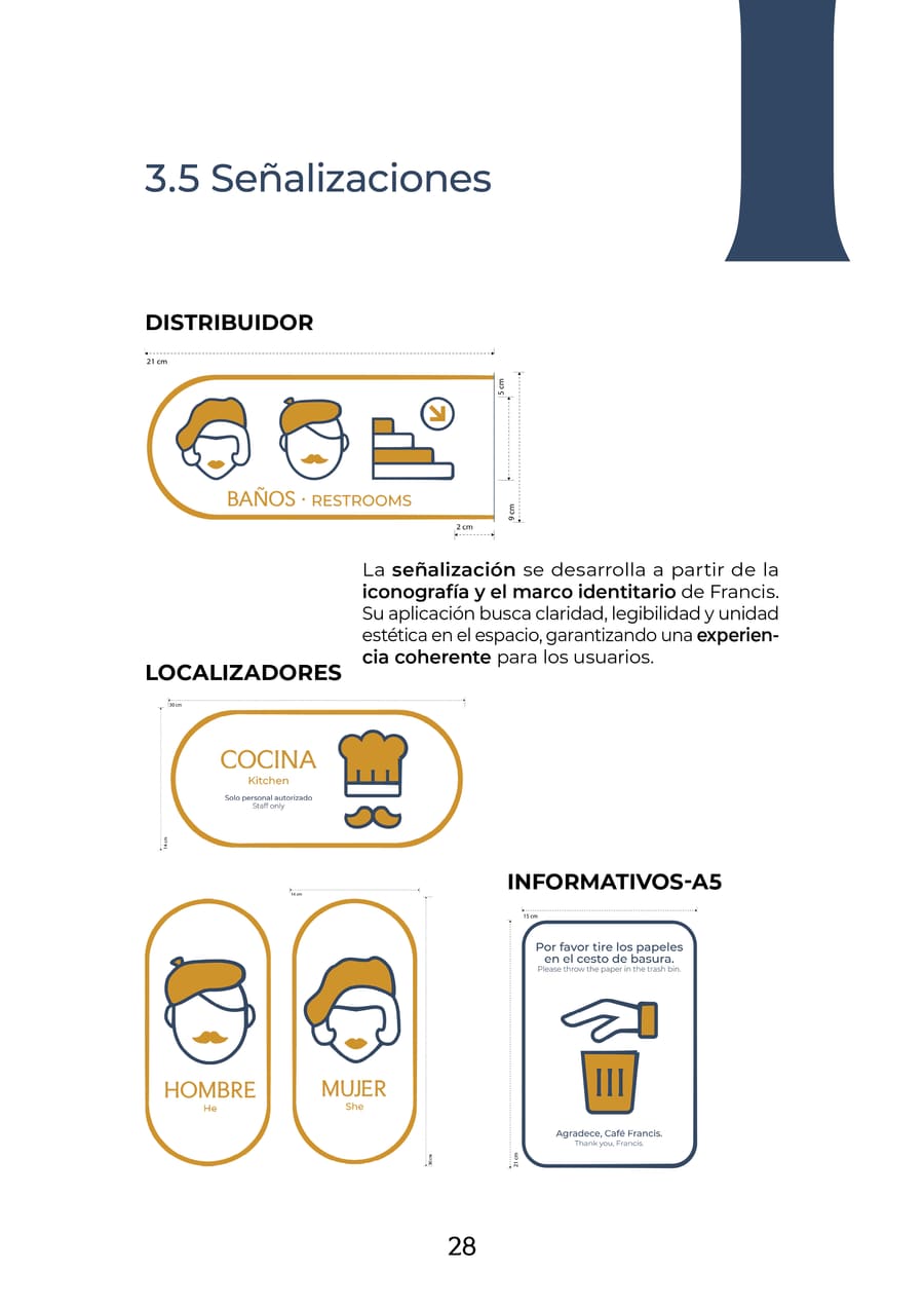 Página del manual con las piezas de señalética: distribuidor, localizadores e informativos A5, con sus medidas