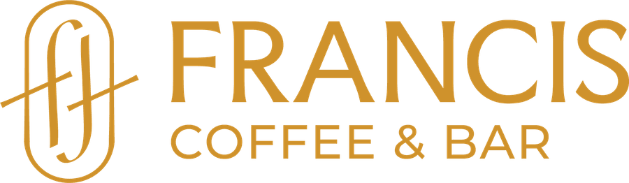 Imagotipo horizontal de Francis Coffee & Bar, dorado sobre Explosión de Gris