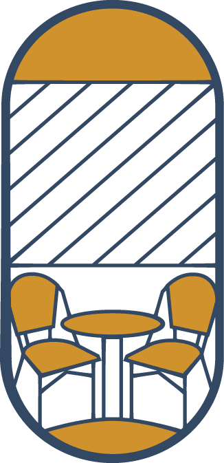 Ilustración de marca: una mesa con dos sillas dentro de la cápsula del isotipo