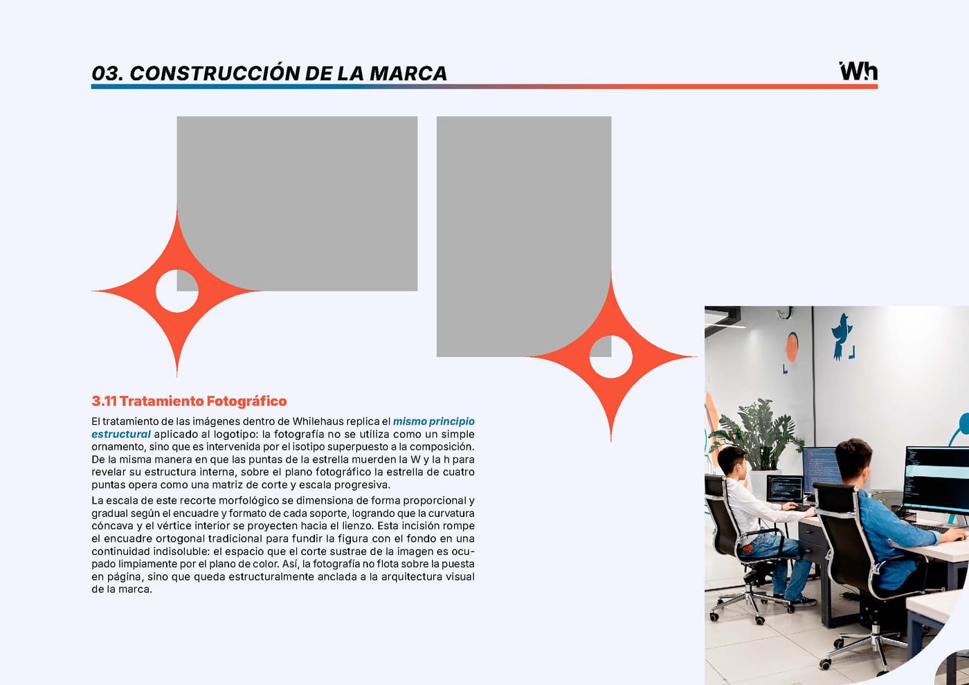 Página del manual con el tratamiento fotográfico de Whilehaus: el isotipo anclado al vértice recorta la imagen