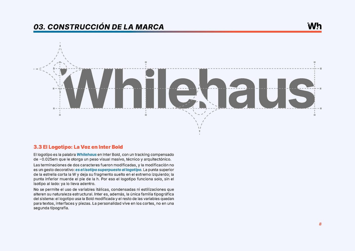 Página del manual con la construcción del logotipo: el isotipo superpuesto corta la W y muerde el pie de la h