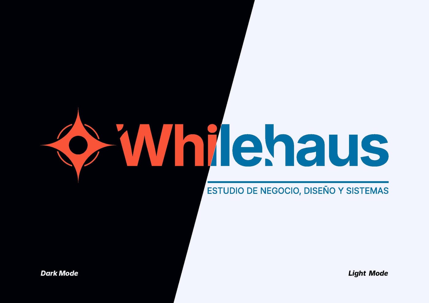 Portada del manual de Whilehaus: la marca en Mode Dark sobre Naval y en Mode Light sobre Frost, partida por una diagonal
