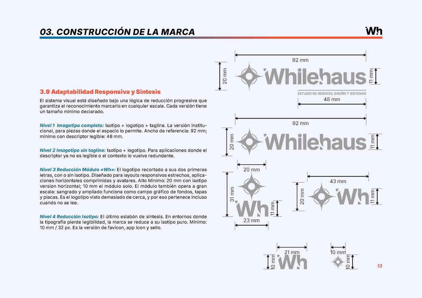 Página del manual con los cuatro niveles de reducción del marcario de Whilehaus y sus medidas en milímetros
