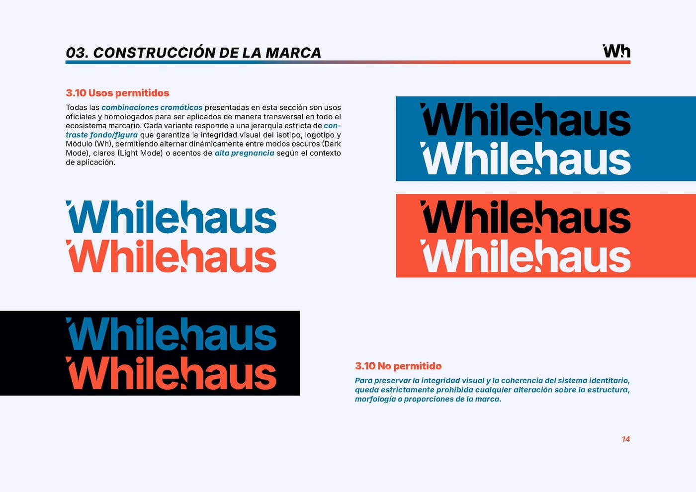 Página del manual con los usos permitidos del logotipo sobre cada fondo de la paleta